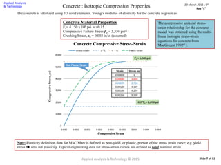 Applied Analysis & Technology © 2015
20 March 2015 : D2
Rev “x”
Slide 7 of 11
Concrete : Isotropic Compression Properties
The concrete is idealized using 3D solid elements. Young’s modulus of elasticity for the concrete is given as:
Concrete Material Properties
Es= 4.150 x 106 psi ν =0.15
Compressive Failure Stress f’
c = 5,550 psi(2.)
Crushing Strain, εc = 0.003 in/in (assumed)
Note: Plasticity definition data for MSC/Marc is defined as post-yield, or plastic, portion of the stress strain curve; e.g. yield
stress  zero net plasticity. Typical engineering data for stress-strain curves are defined as total nominal strain.
The compressive uniaxial stress-
strain relationship for the concrete
model was obtained using the multi-
linear isotropic stress-strain
equations for concrete from
MacGregor 1992(3.).
 