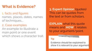 What is Evidence?
1, facts and figures
names, places, dates, names
of techniques….
2, Case examples
An example to illustrate a
main point or one event
which shows a character trait.
Tip
Evidence should be explained to
show it is relevant to your argument.
3. Expert Opinion (quotes)
This can be quotes from
the text or from scholars.
EXPLAIN what this quote
means and HOW it relates
to your argument/point.
 