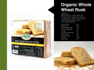 Organic Whole
Wheat Rusk
Ingredients:
Whole wheat flour * (80%), wheat flour *
(contains gluten), vegetable fat * (palm oil
*), wheat gluten, vinegar *, yeast, salt, flour
treatment material (ascorbic acid).
* From Organic Farming
Energy (Kcal)
Protein (gr)
Carbohydrates (gr)
of which sugar (gr)
Fat (gr)
Of which sturated (gr)
Trans fat (gr)
Choleterol (mg)
Fiber (gr)
Sodium (gr)
392
13.3
70.2
5.4
6.8
2.7
0.5>
2.5>
10.9
0.7
 