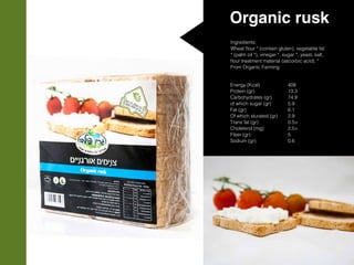 Organic rusk
Ingredients:
Wheat flour * (contain gluten), vegetable fat
* (palm oil *), vinegar *, sugar *, yeast, salt,
flour treatment material (ascorbic acid). *
From Organic Farming
Energy (Kcal)
Protein (gr)
Carbohydrates (gr)
of which sugar (gr)
Fat (gr)
Of which sturated (gr)
Trans fat (gr)
Choleterol (mg)
Fiber (gr)
Sodium (gr)
408
13.3
74.9
5.9
6.1
2.9
0.5>
2.5>
5
0.6
 