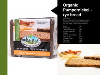 Organic
Pumpernickel -
rye bread
Ingredients:
Broken rye seeds * (contains gluten), water,
malt extract * (barley *) (contains gluten),
Sea salt, yeast. * From Organic Farming
Energy
Protein (gr)
Carbohydrates (gr)
of which sugar (gr)
Fat (gr)
Of which sturated (gr)
Trans fat (gr)
Choleterol (mg)
Fiber (gr)
Sodium (gr)
191
4.3
34.5
4.6
1.5
0.3
0.5>
2.5>
10.9
590
 