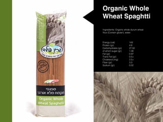 Organic Whole
Wheat Spaghtti
Ingredients: Organic whole durum wheat
flour (Contain glutan), water.
Energy (cal)
Protein (gr)
Carbohydrates (gr)
of which sugar (gr)
Fat (gr)
Trans Fat (gr)
Choleterol (mg)
Fiber (gr)
Sodium (gr)
143
4.8
27.50
1.38
0.97
0.5>
2.5>
3.3
0.02
 