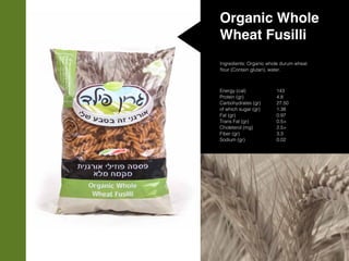 Organic Whole
Wheat Fusilli
Ingredients: Organic whole durum wheat
flour (Contain glutan), water.
Energy (cal)
Protein (gr)
Carbohydrates (gr)
of which sugar (gr)
Fat (gr)
Trans Fat (gr)
Choleterol (mg)
Fiber (gr)
Sodium (gr)
143
4.8
27.50
1.38
0.97
0.5>
2.5>
3.3
0.02
 