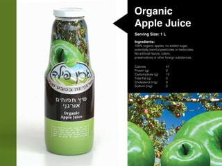 Organic
Apple Juice
Serving Size: 1 L
Ingredients:
100% organic apples, no added sugar,
potentially harmful pesticides or herbicides.
No artificial flavors, colors,
preservatives or other foreign substances.
Calories			47
Protein (g)			0
Carbohydrate (g)	 12
Total Fat (g)		 0
Cholesterol (mg)		 0
Sodium (mg)		 3	
 