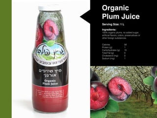 Organic
Plum Juice
Serving Size: 1 L
Ingredients:
100% organic plums, no added sugar,
artificial flavors, colors, preservatives or
other foreign substances.
Calories			58
Protein (g)			1
Carbohydrates (g)	 15
Total Fat (g)		 0
Cholesterol (mg)		 0
Sodium (mg)		 1
 