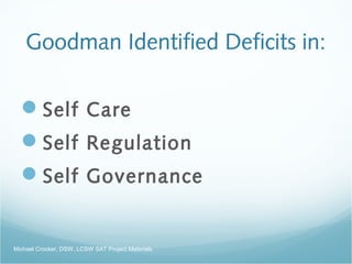 Goodman Identified Deficits in:
Self Care
Self Regulation
Self Governance
Michael Crocker, DSW, LCSW SAT Project Materials
 