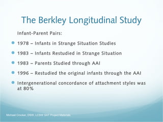 The Berkley Longitudinal Study
Infant-Parent Pairs:
 1978 – Infants in Strange Situation Studies
 1983 – Infants Restudied in Strange Situation
 1983 – Parents Studied through AAI
 1996 – Restudied the original infants through the AAI
 Intergenerational concordance of attachment styles was
at 80%
Michael Crocker, DSW, LCSW SAT Project Materials
 