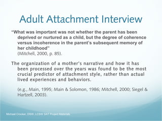 Adult Attachment Interview
“What was important was not whether the parent has been
deprived or nurtured as a child, but the degree of coherence
versus incoherence in the parent’s subsequent memory of
her childhood”
(Mitchell, 2000, p. 85). 
The organization of a mother’s narrative and how it has
been processed over the years was found to be the most
crucial predictor of attachment style, rather than actual
lived experiences and behaviors.
(e.g., Main, 1995; Main & Solomon, 1986; Mitchell, 2000; Siegel &
Hartzell, 2003).
Michael Crocker, DSW, LCSW SAT Project Materials
 