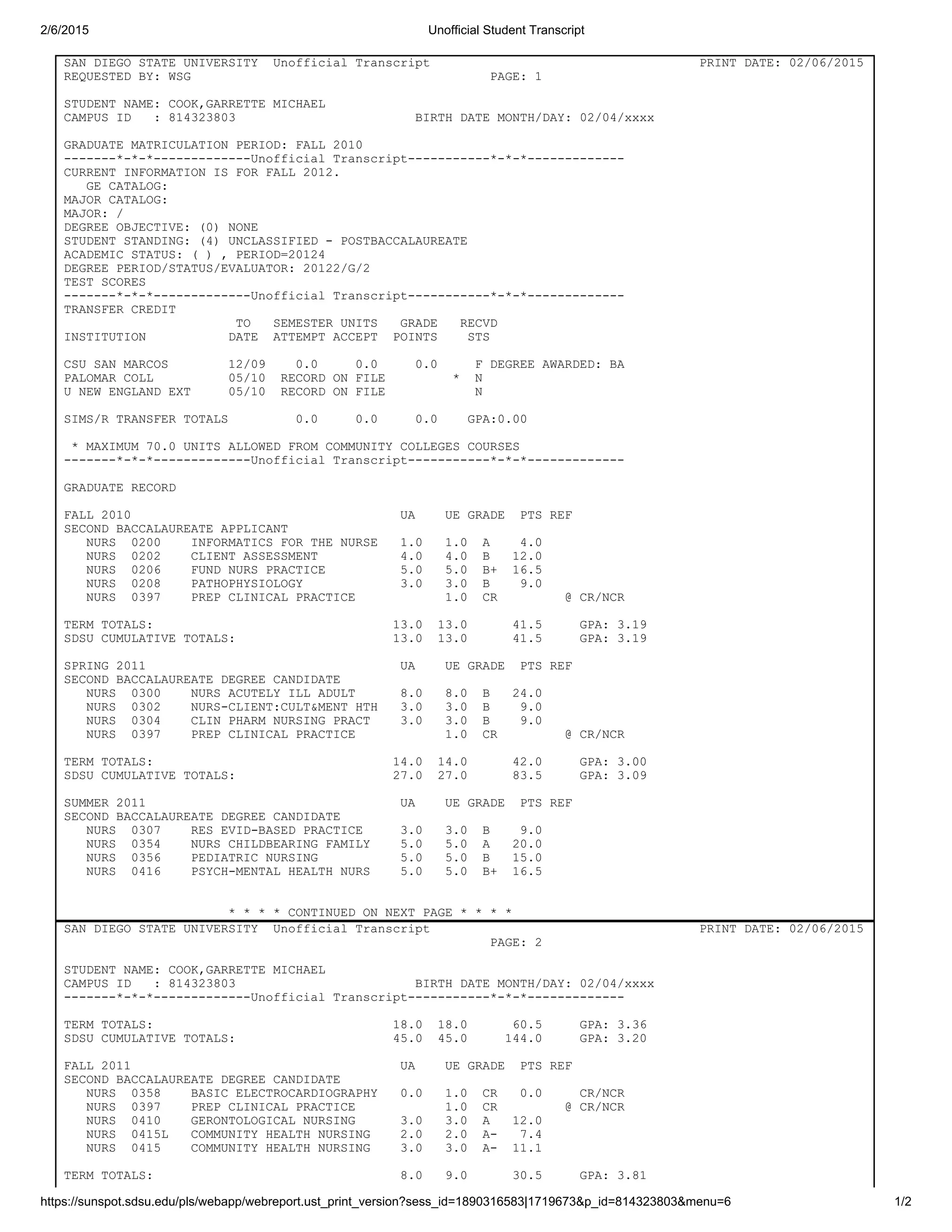 Unofficial Student Transcript | PDF | Undergraduate Education | College ...