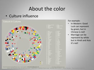 About the color
• Culture influence
For example:
• In Western: Good
Luck can represent
by green, but in
Chinese is red!
• Marriage can be
represent by white
but in Hindi and Asia
it’s red!
Cours de Gestion des SI Décisionnels - MASTER 1 MIAGE Paris-Sud Année 2014-2015 – Abed Ajraou - Tous droits réservés
 