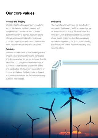 Our core values
Honesty and integrity
We strive to show transparency in everything
we do. We believe that being honest and
straightforward creates the best business
platform in which to operate. We have strong
internal procedures in place to monitor our
consultant’s practices and our reputation is the
most important factor in Quanta’s success.
Reliability
We believe a reputation is built on being reliable.
We don’t over promise clients and candidates
and deliver on what we set out to do. At Quanta
the nature of our business means we have a
dual focus – on the needs of both our clients
and candidates. We have high expectations of
our role and believe that being reliable, honest
and professional allows the formation of lasting
business relationships.
Innovation
The market and environment we recruit within
are constantly changing and that means that we
as a business must adapt. We strive to think of
innovative ways of providing solutions to many
of our client’s problems. Quanta’s consultants
are constantly pushing the boundaries in finding
solutions to our client’s needs of attracting and
retaining talent.
 