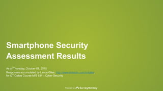 Powered by
Smartphone Security
Assessment Results
As of Thursday, October 08, 2015
Responses accumulated by Lance Giles, http://www.linkedin.com/in/lgiles,
for UT Dallas Course MIS 6311: Cyber Security
 