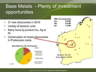 Government of Western Australia Department of State Development
Base Metals - Plenty of investment
opportunities
• 31 new discoveries in 2010
• Variety of tectonic units
• Many have by-product Au, Ag or
Ni
• Continuation of recent discoveries
in Proterozoic rocks
New Cu, Pb, Zn
discoveries in 2010
WA’s Cu resources
Cu: 8.9 Mt
Pb: 9.5 Mt
Zn: 7.5 Mt
8
59
184
183
Base Metal (Cu, Pb, Zn) Projects*
Mine
Advanced
Exploration
Exploration
Grass Roots
n = 434
*Base metals may
not be primary
 