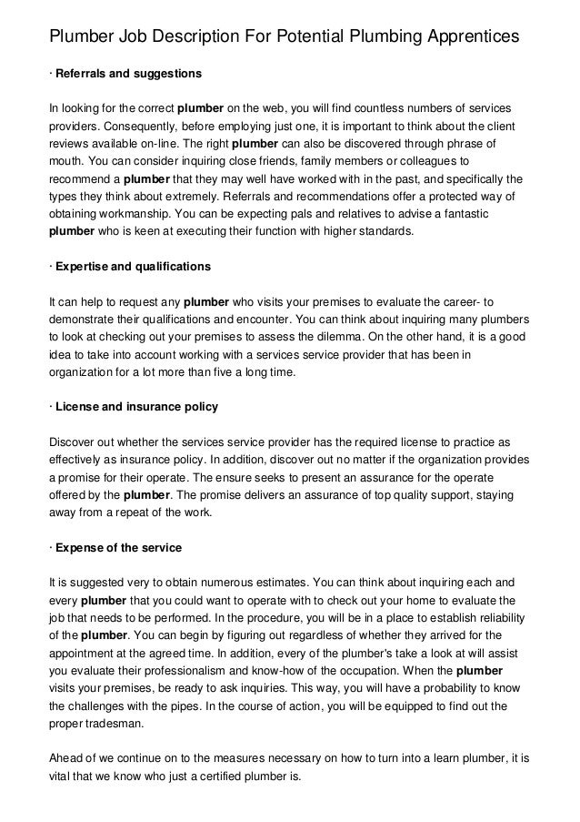 plumber job description for potential plumbing apprentices inquiring about a job