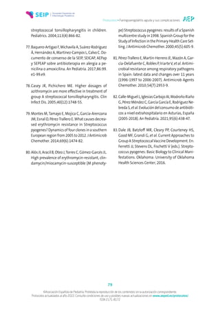Protocolos • Faringoamigdalitis aguda y sus complicaciones
79
©Asociación Española de Pediatría. Prohibida la reproducción de los contenidos sin la autorización correspondiente.
Protocolos actualizados al año 2022. Consulte condiciones de uso y posibles nuevas actualizaciones en www.aeped.es/protocolos/
ISSN 2171-8172
streptococcal tonsillopharyngitis in children.
Pediatrics. 2004;113(4):866-82.
77.Baquero-ArtigaoF,MichavilaA,Suárez-Rodríguez
Á, Hernández A, Martínez-Campos L, Calvo C. Do-
cumento de consenso de la SEIP, SEICAP, AEPap
y SEPEAP sobre antibioterapia en alergia a pe-
nicilina o amoxicilina. An Pediatría. 2017;86:99.
e1-99.e9.
78.Casey JR, Pichichero ME. Higher dosages of
azithromycin are more effective in treatment of
group A streptococcal tonsillopharyngitis. Clin
Infect Dis. 2005;40(12):1748-55.
79.Montes M,Tamayo E, Mojica C, García-Arenzana
JM, Esnal O, Pérez-Trallero E.What causes decrea-
sed erythromycin resistance in Streptococcus
pyogenes? Dynamics of four clones in a southern
European region from 2005 to 2012. J Antimicrob
Chemother. 2014;69(6):1474-82.
80.Alós JI, Aracil B, Oteo J,Torres C, Gómez-Garcés JL.
High prevalence of erythromycin-resistant, clin-
damycin/miocamycin-susceptible (M phenoty-
pe) Streptococcus pyogenes: results of a Spanish
multicentre study in 1998. Spanish Group for the
Study of Infection in the Primary Health Care Set-
ting. J Antimicrob Chemother. 2000;45(5):605-9.
81.Pérez-Trallero E, Martín-Herrero JE, Mazón A, Gar-
cía-Delafuente C, Robles P, IriarteV, et al. Antimi-
crobial resistance among respiratory pathogens
in Spain: latest data and changes over 11 years
(1996-1997 to 2006-2007). Antimicrob Agents
Chemother. 2010;54(7):2953-9.
82.Calle-MiguelL,IglesiasCarbajoAI,ModroñoRiaño
G,PérezMéndezC,GarcíaGarcíaE,RodríguezNe-
bredaS,etal.Evolucióndelconsumodeantibióti-
cos a nivel extrahospitalario en Asturias, España
(2005-2018). An Pediatría. 2021;95(6):438-47.
83.Dale JB, Batzloff MR, Cleary PP, Courteney HS,
Good MF, Grandi G, et al. Current Approaches to
Group A StreptococcalVaccine Development. En:
Ferretti JJ, Stevens DL, Fischetti V (eds.). Strepto-
coccus pyogenes: Basic Biology to Clinical Mani-
festations. Oklahoma: University of Oklahoma
Health Sciences Center; 2016.
 
