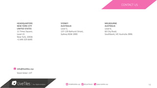 14
HEADQUARTERS	
NEW	YORK	CITY	
UNITED	STATES	
11	Times	Square,	
Level	15	
New	York,	10036	
+1	646	329	6640	
SYDNEY	
AUSTRALIA	
Level	5,	
137-139	Bathurst	Street,	
Sydney	NSW	2000	
	
	
MELBOURNE	
AUSTRALIA	
Level	6,	
60	City	Road,	
Southbank,	VIC	Australia	3006	
	
CONTACT US
info@live=les.nyc	
Stock	Ncker:	LVT	
info@live)les.nyc										@LiveTilesUI											www.live)les.nyc	
 