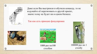 Даже если Вы выстроили и обучили команду, то не
вздумайте её перетягивать в другой проект,
иначе толку не будет ни в одном бизнесе.
Так как есть принцип фокусировки
1000 раз по100
столбам
100000 раз по 1
столбу
 