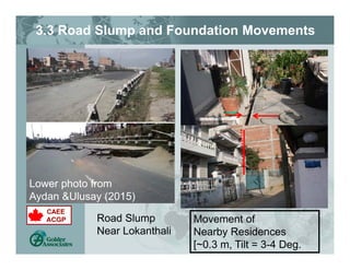 3.3 Road Slump and Foundation Movements
Road Slump
Near Lokanthali
Movement of
Nearby Residences
[~0.3 m, Tilt = 3-4 Deg.
Lower photo from
Aydan &Ulusay (2015)
 