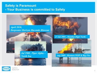 2
Safety is Paramount
- Your Business is committed to Safety
April 2010,
Deepwater Horizon Macondo Blowout
Jul 1988 , Piper Alpha –
North Sea Aug 2009 , Montara WHP & Rig Fire
27 Jul 2005 , Mumbai High North
 