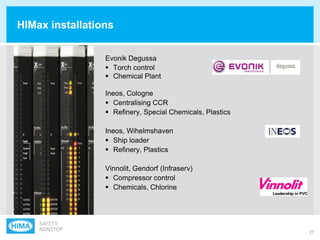 27
HIMax installations
Evonik Degussa
 Torch control
 Chemical Plant
Ineos, Cologne
 Centralising CCR
 Refinery, Special Chemicals, Plastics
Ineos, Wihelmshaven
 Ship loader
 Refinery, Plastics
Vinnolit, Gendorf (Infraserv)
 Compressor control
 Chemicals, Chlorine
 