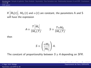 Introduction Sample of galaxies Data Analysis Asymmetry Star formation rate Relationship between A and SFR Conclusions
CAS system
If ˙Ms(t) , MG (t) and α (t) are constant, the parameters A and S
will have the expression
A ∝
T ˙Ms
2Ms (T)
, S ∝
TαMG
2Ms (T)
,
then
S ∝

αMG
˙Ms

 A.
The constant of proportionality between S y A depending on SFR.
I. Vega, A.M. Hidalgo Departamento de F´ısica, ESFM-IPN
Asymmetry and SFR for dS
 