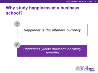 Why study happiness at a business
school?
Happiness is the ultimate currency
Happiness yields dramatic ancillary
benefits
...