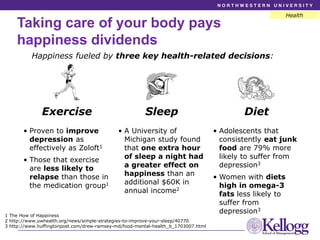 Taking care of your body pays
happiness dividends
1 The How of Happiness
2 http://www.uwhealth.org/news/simple-strategies-...