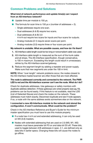 35
AS-Interface Maintenance Troubleshooting Guide
What kind of network performance and update time(s) can I expect
from an AS-Interface network?
n Update time per module is 150 µs.
n The formula for scan time is 150 µs x (number of addresses + 2).
	 – Single addresses require one scan.
	 – Dual addresses (A  B) require two scans.
	 – Dual addresses (A  B) 3.0
4-in/4-out require two scans for inputs and four scans for outputs.
	 – Analog modules (2.1) require seven scans per point.
	 – Analog modules (3.0) require three or four scans per point.
My network is unstable. What are possible causes, and how do I fix them?
1.	AS-Interface cable length could be too long or noncompliant cable was used.
2.	AS-Interface cable length is measured as the sum of the trunk cable
and all drops. The AS-Interface specification, though conservative,
is 100 m maximum. Exceeding this length could result in unnecessary
retries by the AS-Interface scanner/gateway.
3.	Reduce the segment length by adding a repeater and power supply.
Make sure that new segments are under the 100 m limit.
NOTE: When over length network problems occur, the nodes closest to
the AS-Interface master/scanner are often those that are most affected.
The node is addressed correctly and connected to the network. The PWR
LED is red and the AS-Interface scanner can’t see the node. What do I do?
Check for duplicate addresses. Use gateways or safety monitors with
duplicate address detection. If these gateways are wired properly (see pg.19),
problems can be found easily. If this feature is not available, read the LDS
(List of Detected Slaves) and check the nodes on the network. These
addresses must match exactly. Disconnect duplicate and see if node appears.
If so, a node with the same address exists somewhere else on the network.
I connected a new AS-Interface module to the network and stored the
configuration. It won’t communicate. What could be the problem?
Check in the AS-Interface Reference and Buyer’s Guide for the minimum
master specification you must have to use this module properly.
n If a node has 4 in/4 out and extended addressing, it can only be used
on M4 (3.0) masters.
n Nodes with extended addressing that are used on 2.0 (M0, M1, M2)
masters must leave parameter bit P3 on and data bit D3 off. These bits,
used to toggle between A/B addresses in spec. 2.1, are defined only as
data bits in earlier specs. Changing these bits will cause the nodes to
go offline.
Common Problems and Solutions
 