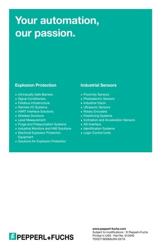 www.pepperl-fuchs.com
Subject to modifications · © Pepperl+Fuchs
Printed in USA · Part No. 912040
TDOCT-B008AUSA 03/16
 