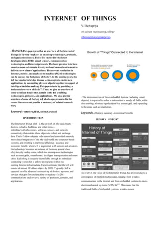 INTERNET
Abstract-This paper provides an overview of the Internet of
Things (IoT) with emphasis on enabling technologies, protocols,
and application issues. The IoT is enabledby the latest
developments in RFID, smart sensors, communication
technologies, andInternet protocols. The basic premise is to have
smart sensors collaborate directly without human involvement to
delivera new class of applications. The current revolution in
Internet, mobile, and machine-to-machine (M2M) technologies
can be seen as the first phase of the IoT. In the coming years, the
IoT is expectedto bridge diverse technologies to enable new
applications by connecting physical objects togetherin support of
intelligent decision making. This paperstarts by providing a
horizontal overview of the IoT. Then, we give an overview of
some technical details that pertain to the IoT enabling
technologies, protocols, andapplications. We also provide
overview of some of the key IoT challengespresentedin the
recent literature andprovide a summary of relatedresearch
work
keywords-sensors,RFID,internet protocol
I.INTRODUCTION
The Internet of Things (IoT) is thenetwork of physicalobjects—
devices, vehicles, buildings and other items—
embedded with electronics, software, sensors, and network
connectivity that enables these objects to collect and exchange
data. The IoT allows objects to be sensed and controlled remotely
more direct integration of the physicalworld into computer-based
systems, and resulting in improved efficiency, accuracy and
economic benefit; when IoT is augmented with sensors and actuators,
the technology becomes an instance of themore general class
of cyber-physicalsystems, which also encompasses technologies
such as smart grids, smart homes, intelligent transportation and smart
cities. Each thing is uniquely identifiable through its embedded
computing systembut is able to interoperate within the
existing Internet infrastructure. Experts estimate that theIoT will
consist of almost 50 billion objects by 2020. Typically, IoT is
expected to offer advanced connectivity of devices, systems, and
services that goes beyond machine-to-machine (M2M)
communications and covers a variety of protocols, domains, and
applications
OF THINGS
V.Theivapriya
sri sairam engineering college
vtheivapriya@gmail.com,
. The interconnection of these embedded devices (including smart
objects), is expected to usher in automation in nearly all fields, while
also enabling advanced applications like a smart grid, and expanding
to the areas such as smart cities.
keywords-efficiency ,accuracy ,economical benefits
II.EARLY HISTORY
As of 2013, the vision of the Internet of Things has evolved due to a
convergence of multiple technologies, ranging from wireless
communication to the Internet and from embedded systems to micro-
electromechanical systems (MEMS).[17]
This means that the
traditional fields of embedded systems, wireless sensor
 