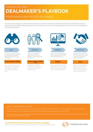 THOMSON REUTERS
DEALMAKER’S PLAYBOOK
POWER INNOVATION THROUGH DEALMAKING
The Dealmaker’s Playbook combines Thomson Reuters Cortellis™ Competitive Intelligence with Recap and BioWorld products—
giving pharma and biotech dealmakers the information they need to find and evaluate opportunities, monitor them, and negotiate
the best deals possible.
Monitor your potential partners.
When their key assets fail, the
time may be right for you.
MONITOR
Find the right partner by looking
at drug pipelines, patenting,
developing, investing in your
area of focus.
FIND
Evaluate your potential
partners: their research
programs and the deals they
have done.
EVALUATE
Negotiate the best deal by
first knowing the deal comps
and terms done by your
partner and others.
NEGOTIATE
Cortellis Competitive Intelligence
Recap
Evaluate your potential
partners, their similar drug
programs, and the deals
they have done.
Keep up with the most relevant
daily biopharma news so that
you're sure to be fully informed
when you meet with partners.
Recap
Assess comparable deals in
depth, including contracts
filed with the US SEC and
versions showing previously
redacted dollar amounts.
If you are seeking to partner a
drug program, the first step is
to see which companies are
doing R&D in your area of
focus.
ABOUT THE DEALMAKER’S PLAYBOOK
The Dealmaker’s Playbook is a combination of Cortellis Competitive Intelligence, Recap, and BioWorld. You can also subscribe to the broker research add-on
module: this module is the first to include broker research indexed to company information, drug intelligence, and forecasts. 
This bundle provides a comprehensive suite of products to enable users to make the best business decisions based on industry updates, competitive activity, and
market trends—a holistic approach to business.
BioWorldCortellis Competitive Intelligence
FOR MORE INFORMATION ON DEALMAKER'S PLAYBOOK, CLICK HERE
North America: +1 855 260 5607 or Outside of the U.S. and Canada: +44 203 684 1797
 