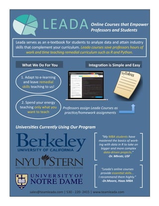 LEADA Online Courses that Empower
Professors and Students
Universities Currently Using Our Program
sales@teamleada.com | 530 - 220- 2415 | www.teamleada.com
1. Adapt to e-learning
and leave remedial
skills teaching to us!
2. Spend your energy
teaching only what you
want to teach
Leada serves as an e-textbook for students to analyze data and attain industry
skills that complement your curriculum. Leada courses save professors hours of
work and time teaching remedial curriculum such as R and Python.
“My MBA students have
mastered the basics of work-
ing with data in R to take on
bigger and more complex
data-driven projects.”
-Dr. Mhrotr, USF
“Leada’s online courses
provide essential skills...
I recommend them highly.”
-Dr.Moore, Haas MBA
Professors assign Leada Courses as
practice/homework assignments
Integration is Simple and EasyWhat We Do For You
 