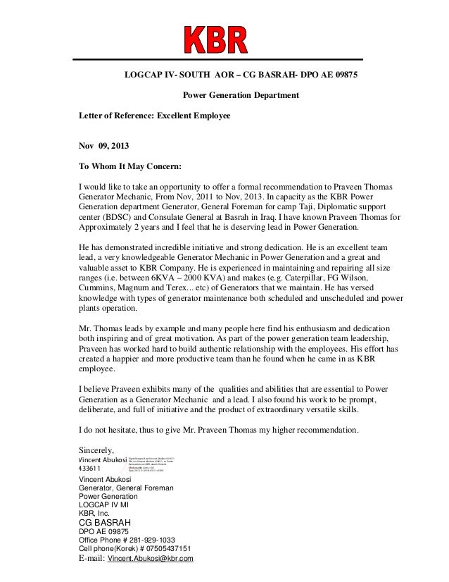 kbr recommendation thomas mechanic letter of recommendation
