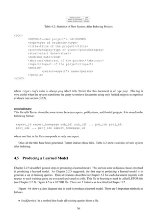 Number of experts 1569
Number of all documents 25311
Number of tokens (terms) 6976895
Table 4.2: Statistics of New System After Indexing Process
<DOC>
<DOCNO>funded project’s id</DOCNO>
<type>type of evidence</type>
<title>title of the project</title>
<grantCategory>type of grant</grantCategory>
<start>start date</start>
<end>end date</end>
<abstract>abstract of the project</abstract>
<impact>impact of the project</impact>
<people>
<person>expert’s name</person>
</people>
</DOC>
where <type> tag’s value is always proj which tells Terrier that this document is of type proj. This tag is
very useful when the system transforms the query to retrieve documents using only funded projects as expertise
evidence (see section 3.2.2).
association.txt
This ﬁle tells Terrier about the associations between experts, publications, and funded projects. It is stored in the
following format:
expert_id expert_homepage pub_id1 pub_id2 ... pub_idn proj_id1
proj_id2 ... proj_idn expert_homepage_id
where one line in the ﬁle corresponds to only one expert.
Once all the ﬁles have been generated, Terrier indexes those ﬁles. Table 4.2 shows statistics of new system
after indexing.
4.5 Producing a Learned Model
Chapter 2.2.5 described general steps in producing a learned model. This section aims to discuss classes involved
in producing a learned model. As Chapter 2.2.5 suggested, the ﬁrst step in producing a learned model is to
generate a set of training queries. Then all features described in Chapter 3.2 for each document (expert) with
respect to each training query are extracted and saved in a ﬁle. This ﬁle in learning to rank is called LETOR ﬁle
(see Chapter 2.2.3). Figure 4.5 is a LETOR ﬁle. There are 7 features as described in Chapter 3.2.
Figure 4.6 shows a class diagram that is used to produce a learned model. There are 5 important methods as
follows
• loadQueries() is a method that loads all training queries from a ﬁle.
36
 