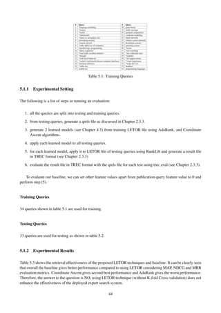 # Query # Query
1 *language modelling 18 game theory
2 *manets 19 stable marriage
3 *match 20 quantum computation
4 *multimodal 21 constraint modelling
5 *music as navigation cues 22 home networks
6 networking security 23 wireless sensor networks
7 *neural network 24 distributed systems
8 *older adults use of computers 25 operating system
9 *parallel logic programming 26 *terrier
10 *query expansion 27 *text searching
11 *road trafﬁc accident statistics 28 *trec collection class
12 *shoogle 29 *usability
13 *skill-based behavior 30 *utf support terrier
14 *sound in multimedia human-computer interfaces 31 *visual impairment
15 statistical inference 32 *wafer fab cost
16 *sufﬁx tree 33 database
17 mobile hci 34 programming languages
Table 5.1: Training Queries
5.1.1 Experimental Setting
The following is a list of steps in running an evaluation:
1. all the queries are split into testing and training queries.
2. from testing queries, generate a qrels ﬁle as discussed in Chapter 2.3.3.
3. generate 2 learned models (see Chapter 4.5) from training LETOR ﬁle using AdaRank, and Coordinate
Ascent algorithms.
4. apply each learned model to all testing queries.
5. for each learned model, apply it to LETOR ﬁle of testing queries using RankLib and generate a result ﬁle
in TREC format (see Chapter 2.3.3)
6. evaluate the result ﬁle in TREC format with the qrels ﬁle for each test using trec eval (see Chapter 2.3.3).
To evaluate our baseline, we can set other feature values apart from publication query feature value to 0 and
perform step (5).
Training Queries
34 queries shown in table 5.1 are used for training.
Testing Queries
33 queries are used for testing as shown in table 5.2.
5.1.2 Experimental Results
Table 5.3 shows the retrieval effectiveness of the proposed LETOR techniques and baseline. It can be clearly seen
that overall the baseline gives better performance compared to using LETOR considering MAP, NDCG and MRR
evaluation metrics. Coordinate Ascent gives second best performance and AdaRank gives the worst performance.
Therefore, the answer to the question is NO, using LETOR technique (without K-fold Cross-validation) does not
enhance the effectiveness of the deployed expert search system.
44
 