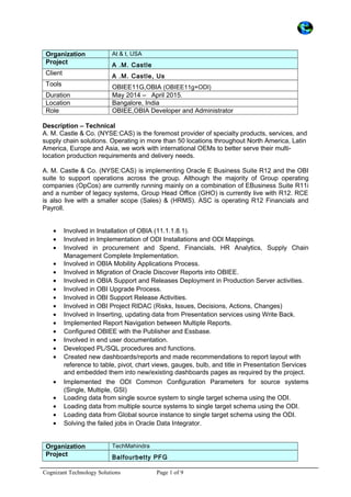 Organization At & t, USA
Project A .M. Castle
Client A .M. Castle, Us
Tools OBIEE11G,OBIA (OBIEE11g+ODI)
Duration May 2014 – April 2015.
Location Bangalore, India
Role OBIEE,OBIA Developer and Administrator
Description – Technical
A. M. Castle & Co. (NYSE:CAS) is the foremost provider of specialty products, services, and
supply chain solutions. Operating in more than 50 locations throughout North America, Latin
America, Europe and Asia, we work with international OEMs to better serve their multi-
location production requirements and delivery needs.
A. M. Castle & Co. (NYSE:CAS) is implementing Oracle E Business Suite R12 and the OBI
suite to support operations across the group. Although the majority of Group operating
companies (OpCos) are currently running mainly on a combination of EBusiness Suite R11i
and a number of legacy systems, Group Head Office (GHO) is currently live with R12. RCE
is also live with a smaller scope (Sales) & (HRMS). ASC is operating R12 Financials and
Payroll.
• Involved in Installation of OBIA (11.1.1.8.1).
• Involved in Implementation of ODI Installations and ODI Mappings.
• Involved in procurement and Spend, Financials, HR Analytics, Supply Chain
Management Complete Implementation.
• Involved in OBIA Mobility Applications Process.
• Involved in Migration of Oracle Discover Reports into OBIEE.
• Involved in OBIA Support and Releases Deployment in Production Server activities.
• Involved in OBI Upgrade Process.
• Involved in OBI Support Release Activities.
• Involved in OBI Project RIDAC (Risks, Issues, Decisions, Actions, Changes)
• Involved in Inserting, updating data from Presentation services using Write Back.
• Implemented Report Navigation between Multiple Reports.
• Configured OBIEE with the Publisher and Essbase.
• Involved in end user documentation.
• Developed PL/SQL procedures and functions.
• Created new dashboards/reports and made recommendations to report layout with
reference to table, pivot, chart views, gauges, bulb, and title in Presentation Services
and embedded them into new/existing dashboards pages as required by the project.
• Implemented the ODI Common Configuration Parameters for source systems
(Single, Multiple, GSI)
• Loading data from single source system to single target schema using the ODI.
• Loading data from multiple source systems to single target schema using the ODI.
• Loading data from Global source instance to single target schema using the ODI.
• Solving the failed jobs in Oracle Data Integrator.
Organization TechMahindra
Project Balfourbetty PFG
Cognizant Technology Solutions Page 1 of 9
 