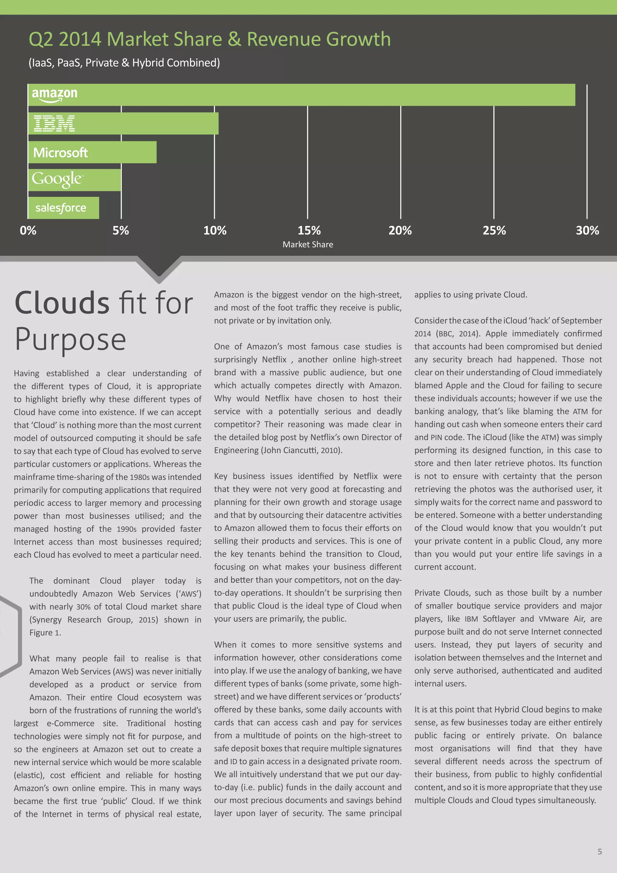 5
Q2 2014 Market Share & Revenue Growth
(IaaS, PaaS, Private & Hybrid Combined)
Clouds fit for
Purpose
Having established a clear understanding of
the different types of Cloud, it is appropriate
to highlight briefly why these different types of
Cloud have come into existence. If we can accept
that ‘Cloud’ is nothing more than the most current
model of outsourced computing it should be safe
to say that each type of Cloud has evolved to serve
particular customers or applications. Whereas the
mainframe time-sharing of the 1980s was intended
primarily for computing applications that required
periodic access to larger memory and processing
power than most businesses utilised; and the
managed hosting of the 1990s provided faster
Internet access than most businesses required;
each Cloud has evolved to meet a particular need.
The dominant Cloud player today is
undoubtedly Amazon Web Services (‘AWS’)
with nearly 30% of total Cloud market share
(Synergy Research Group, 2015) shown in
Figure 1.
What many people fail to realise is that
Amazon Web Services (AWS) was never initially
developed as a product or service from
Amazon. Their entire Cloud ecosystem was
born of the frustrations of running the world’s
largest e-Commerce site. Traditional hosting
technologies were simply not fit for purpose, and
so the engineers at Amazon set out to create a
new internal service which would be more scalable
(elastic), cost efficient and reliable for hosting
Amazon’s own online empire. This in many ways
became the first true ‘public’ Cloud. If we think
of the Internet in terms of physical real estate,
Amazon is the biggest vendor on the high-street,
and most of the foot traffic they receive is public,
not private or by invitation only.
One of Amazon’s most famous case studies is
surprisingly Netflix , another online high-street
brand with a massive public audience, but one
which actually competes directly with Amazon.
Why would Netflix have chosen to host their
service with a potentially serious and deadly
competitor? Their reasoning was made clear in
the detailed blog post by Netflix’s own Director of
Engineering (John Ciancutti, 2010).
Key business issues identified by Netflix were
that they were not very good at forecasting and
planning for their own growth and storage usage
and that by outsourcing their datacentre activities
to Amazon allowed them to focus their efforts on
selling their products and services. This is one of
the key tenants behind the transition to Cloud,
focusing on what makes your business different
and better than your competitors, not on the day-
to-day operations. It shouldn’t be surprising then
that public Cloud is the ideal type of Cloud when
your users are primarily, the public.
When it comes to more sensitive systems and
information however, other considerations come
into play. If we use the analogy of banking, we have
different types of banks (some private, some high-
street) and we have different services or ‘products’
offered by these banks, some daily accounts with
cards that can access cash and pay for services
from a multitude of points on the high-street to
safe deposit boxes that require multiple signatures
and ID to gain access in a designated private room.
We all intuitively understand that we put our day-
to-day (i.e. public) funds in the daily account and
our most precious documents and savings behind
layer upon layer of security. The same principal
applies to using private Cloud.
ConsiderthecaseoftheiCloud‘hack’ofSeptember
2014 (BBC, 2014). Apple immediately confirmed
that accounts had been compromised but denied
any security breach had happened. Those not
clear on their understanding of Cloud immediately
blamed Apple and the Cloud for failing to secure
these individuals accounts; however if we use the
banking analogy, that’s like blaming the ATM for
handing out cash when someone enters their card
and PIN code. The iCloud (like the ATM) was simply
performing its designed function, in this case to
store and then later retrieve photos. Its function
is not to ensure with certainty that the person
retrieving the photos was the authorised user, it
simply waits for the correct name and password to
be entered. Someone with a better understanding
of the Cloud would know that you wouldn’t put
your private content in a public Cloud, any more
than you would put your entire life savings in a
current account.
Private Clouds, such as those built by a number
of smaller boutique service providers and major
players, like IBM Softlayer and VMware Air, are
purpose built and do not serve Internet connected
users. Instead, they put layers of security and
isolation between themselves and the Internet and
only serve authorised, authenticated and audited
internal users.
It is at this point that Hybrid Cloud begins to make
sense, as few businesses today are either entirely
public facing or entirely private. On balance
most organisations will find that they have
several different needs across the spectrum of
their business, from public to highly confidential
content, and so it is more appropriate that they use
multiple Clouds and Cloud types simultaneously.
Market Share
0% 5% 10% 20% 25% 30%15%
 