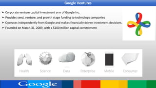 ➢ Corporate venture capital investment arm of Google Inc.
➢ Provides seed, venture, and growth stage funding to technology companies
➢ Operates independently from Google and makes financially driven investment decisions.
➢ Founded on March 31, 2009, with a $100 million capital commitment
Google Ventures
 