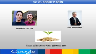 THE 90’s: GOOGLE IS BORN
Sergey Brin & Larry Page
Andy Bechtolsheim
Sequoia Capital & Kleiner Perkins- $25 Million - 1999
 