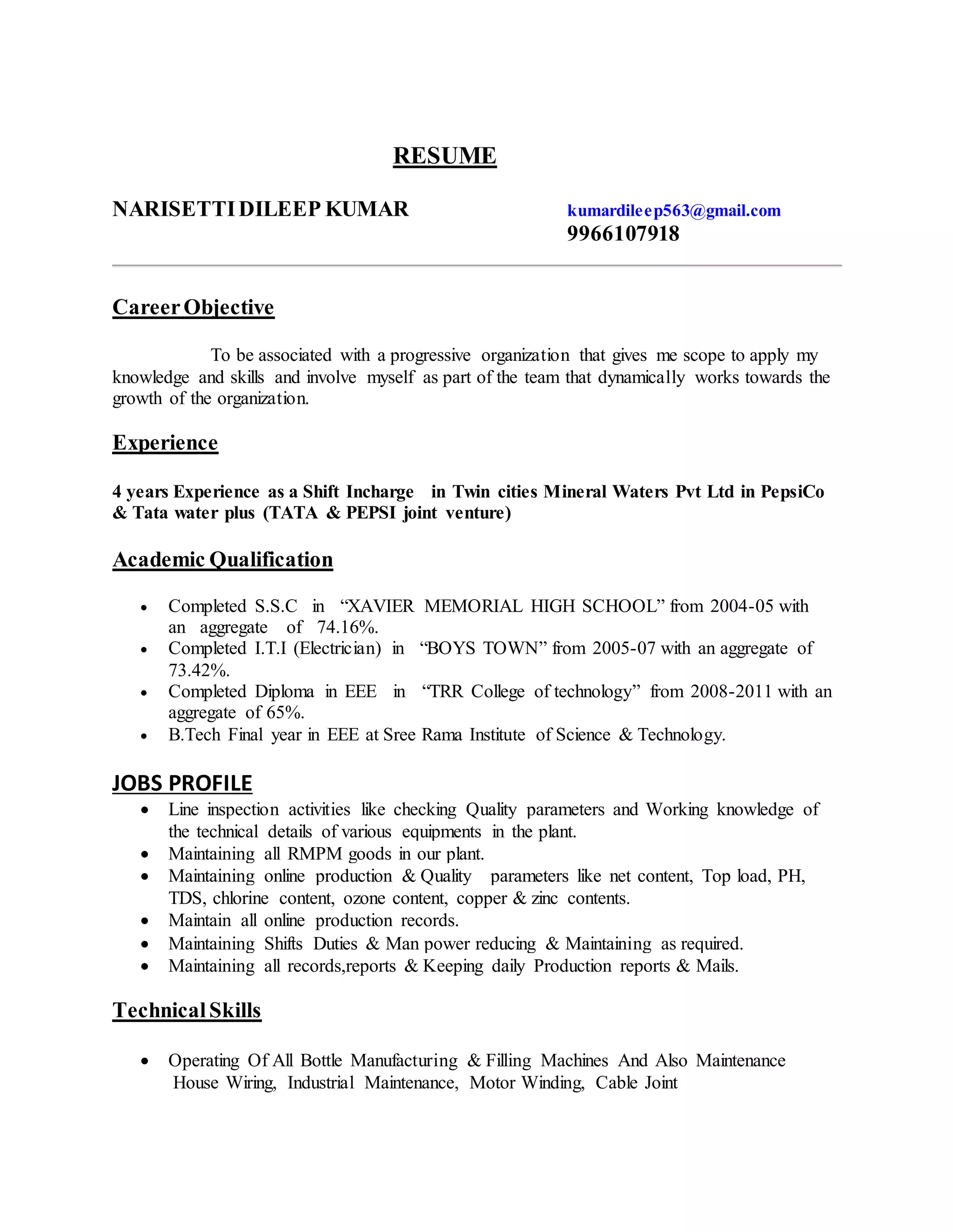 DILEEP RESUME PRESENT PDF - DILEEP RESUME PRESENT 1 2048