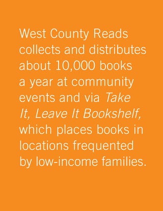 West County Reads
collects and distributes
about 10,000 books
a year at community
events and via Take
It, Leave It Bookshelf,
which places books in
locations frequented
by low-income families.
 