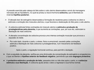 34
➢ O elevado teor de estrogénio desencadeia a formação de recetores para a oxitocina no útero e
estimula a contração dos músculos uterinos, o que favorece a deslocação do feto para o colo uterino.
A pressão exercida pela cabeça do feto sobre o colo uterino desencadeia o envio de mensagens
nervosas até ao hipotálamo, no qual se produz a neuro-hormona oxitocina, que é libertada ao
nível da hipófise posterior.
➢ A oxitocina estimula fortes contrações do músculo uterino e estimula a produção de
prostaglandinas pela placenta, o que aumenta as contrações, que, por sua vez, estimulam a
libertação de mais oxitocina.
➢ A elevada concentração de oxitocina provoca uma intensa contração muscular que provoca a
expulsão do bebé.
➢ Por outro lado, durante o parto, o stress, físico e emocional, causado pelas contrações
estimula a libertação de mais oxitocina e prostaglandinas, num mecanismo de feedback
positivo.
Após o parto, a regulação hormonal contínua, para permitir a lactação.
★ Com a expulsão da placenta, verifica-se uma diminuição da concentração de estrogénio e progesterona,
o que vai libertar a hipófise anterior do feedback negativo, permitindo que este segregue prolactina.
★ A prolactina estimula a produção de leite, passados dois ou três dias após o parto, e a oxitocina
estimula a sua libertação. A oxitocina ajuda ainda o útero a regressar à sua forma normal.
 