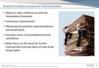 © 2013 Protiviti Middle East Region
CONFIDENTIAL: This document is for your company's internal use only and may not be copied nor distributed to any third party.
12
Benefits of Quality Assurance for Internal Auditors
 Ability to state conformance with the
International Standards
 Continuous improvement
 Obtaining best-practice recommendations
and benchmarks
 Gaining a sense of accomplishment and
satisfaction
 Better focus on the areas for further
improvement and new ideas on how to do
things better
 