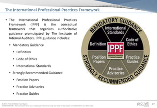 © 2013 Protiviti Middle East Region
CONFIDENTIAL: This document is for your company's internal use only and may not be copied nor distributed to any third party.
17
 The International Professional Practices
Framework (IPPF) is the conceptual
framework that organizes authoritative
guidance promulgated by The Institute of
Internal Auditors. IPPF guidance includes:
 Mandatory Guidance
 Definition
 Code of Ethics
 International Standards
 Strongly Recommended Guidance
 Position Papers
 Practice Advisories
 Practice Guides
The International Professional Practices Framework
 