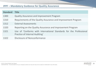 © 2013 Protiviti Middle East Region
CONFIDENTIAL: This document is for your company's internal use only and may not be copied nor distributed to any third party.
29
IPPF – Mandatory Guidance for Quality Assurance
Standard Title
1300 Quality Assurance and Improvement Program
1310 Requirements of the Quality Assurance and Improvement Program
1312 External Assessments
1320 Reporting on the Quality Assurance and Improvement Program
1321 Use of ‘Conforms with International Standards for the Professional
Practice of Internal Auditing’
1322 Disclosure of Nonconformance
 