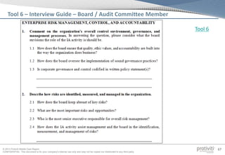 © 2013 Protiviti Middle East Region
CONFIDENTIAL: This document is for your company's internal use only and may not be copied nor distributed to any third party.
67
Tool 6 – Interview Guide – Board / Audit Committee Member
Tool 6
 