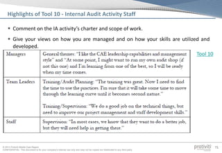 © 2013 Protiviti Middle East Region
CONFIDENTIAL: This document is for your company's internal use only and may not be copied nor distributed to any third party.
71
 Comment on the IA activity’s charter and scope of work.
 Give your views on how you are managed and on how your skills are utilized and
developed.
Highlights of Tool 10 - Internal Audit Activity Staff
Tool 10
 