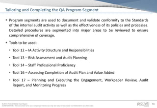 © 2013 Protiviti Middle East Region
CONFIDENTIAL: This document is for your company's internal use only and may not be copied nor distributed to any third party.
74
 Program segments are used to document and validate conformity to the Standards
of the internal audit activity as well as the effectiveness of its policies and processes.
Detailed procedures are segmented into major areas to be reviewed to ensure
comprehensive of coverage.
 Tools to be used:
• Tool 12 – IA Activity Structure and Responsibilities
• Tool 13 – Risk Assessment and Audit Planning
• Tool 14 – Staff Professional Proficiency
• Tool 16 – Assessing Completion of Audit Plan and Value Added
• Tool 17 – Planning and Executing the Engagement, Workpaper Review, Audit
Report, and Monitoring Progress
Tailoring and Completing the QA Program Segment
 