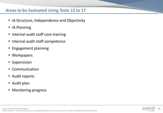 © 2013 Protiviti Middle East Region
CONFIDENTIAL: This document is for your company's internal use only and may not be copied nor distributed to any third party.
75
 IA Structure, Independence and Objectivity
 IA Planning
 Internal audit staff core training
 Internal audit staff competence
 Engagement planning
 Workpapers
 Supervision
 Communication
 Audit reports
 Audit plan
 Monitoring progress
Areas to be Evaluated Using Tools 12 to 17
 