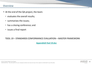 © 2013 Protiviti Middle East Region
CONFIDENTIAL: This document is for your company's internal use only and may not be copied nor distributed to any third party.
82
 At the end of the QA project, the team:
• evaluates the overall results;
• summarizes the issues;
• has a closing conference; and
• issues a final report
TOOL 19 – STANDARDS CONFORMANCE EVALUATION – MASTER FRAMEWORK
Overview
AppendixD-Tool 19.doc
 